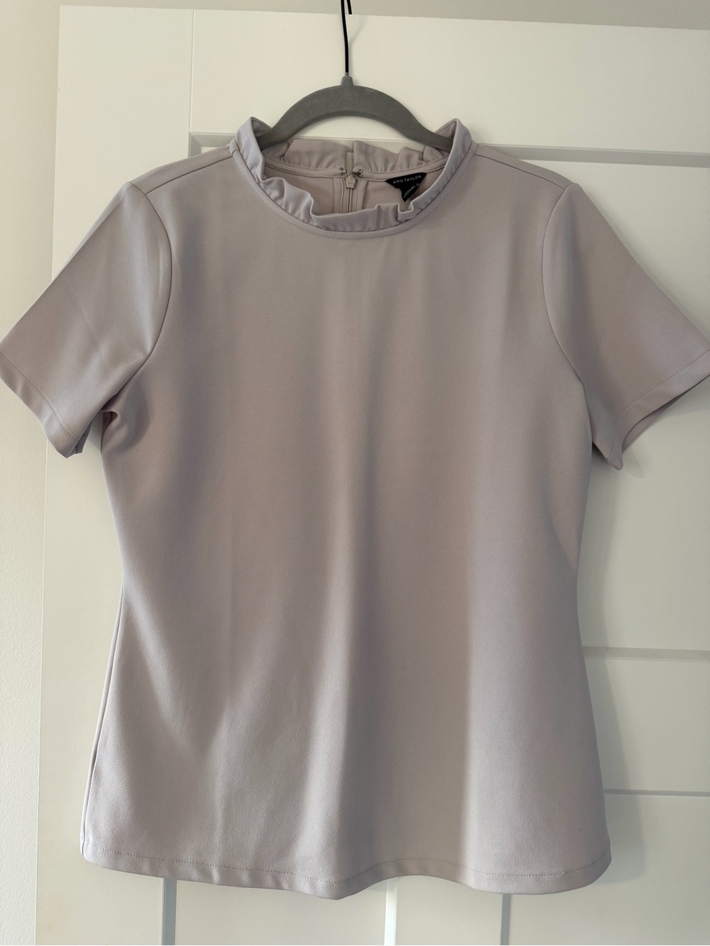 Ann Taylor Lavender, Grey Short-Sleeve Ruffle-Neck Top
